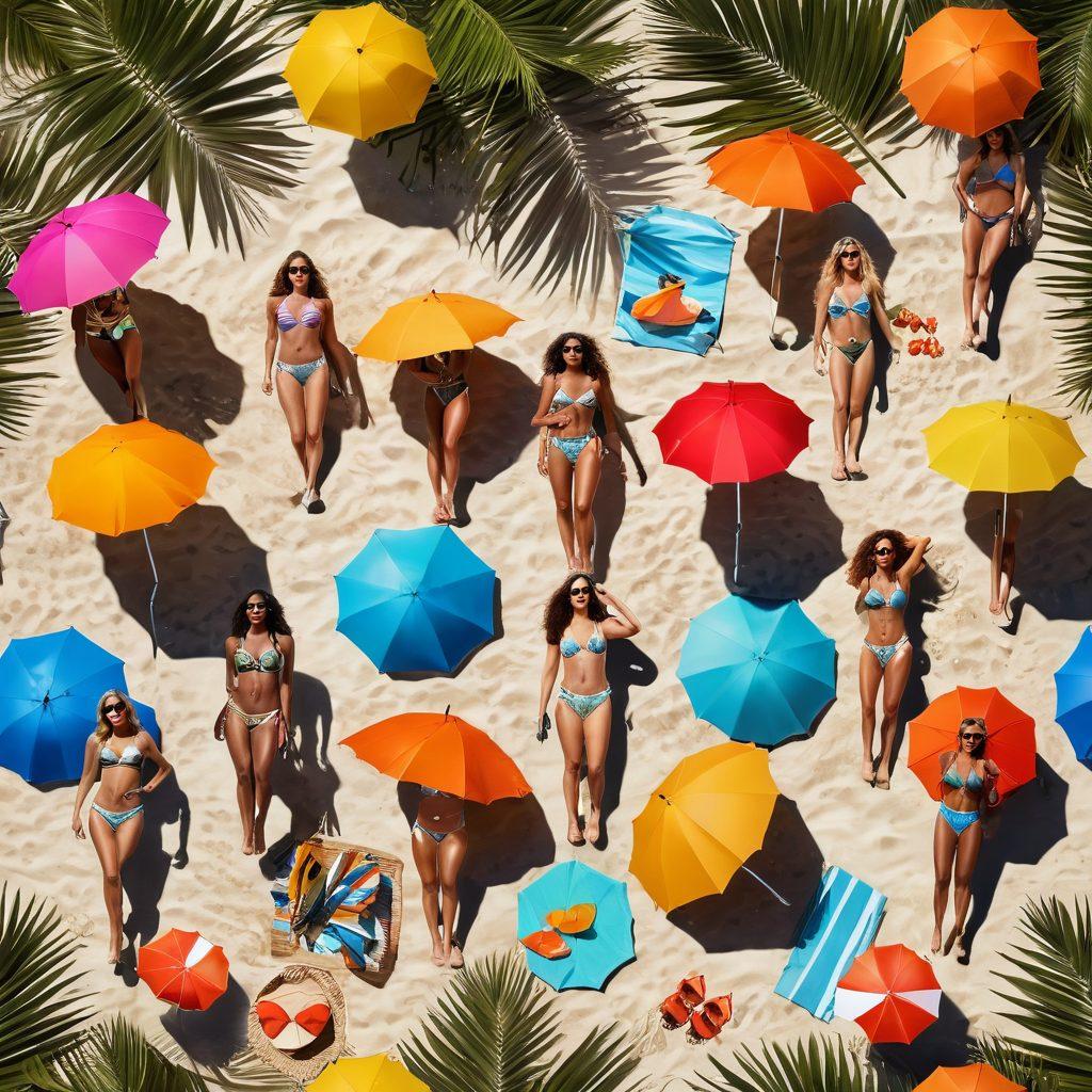 A vibrant beach scene featuring a diverse group of fashionable women in stylish bikinis, showcasing the latest summer trends. Include colorful beach umbrellas, tropical palm trees, and playful beach accessories like sunglasses and sand toys. Capture the sun setting in the background, casting a warm glow over the scene. Emphasize fun, confidence, and inclusivity. super-realistic. vibrant colors. summer aesthetic.